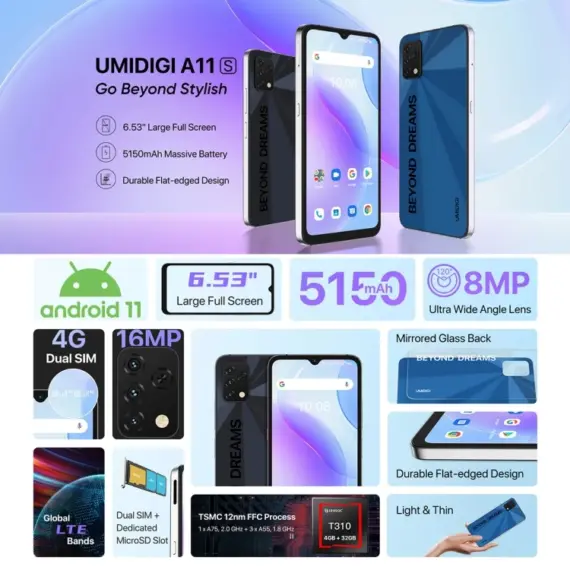 Wholesale Price Global UMIDIGI A11S Smartphone 4GB 32GB 5150 mAh 16MP Triple Camera 6.53" HD+ Large Screen Phone Cell Phone