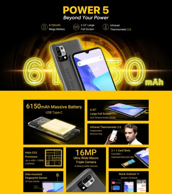 New UMIDIGI Power 5 Phone 4GB 128GB Global Version 6150mAh Battery 6.53 inch Full Screen Android 11 Umidigi Power 5