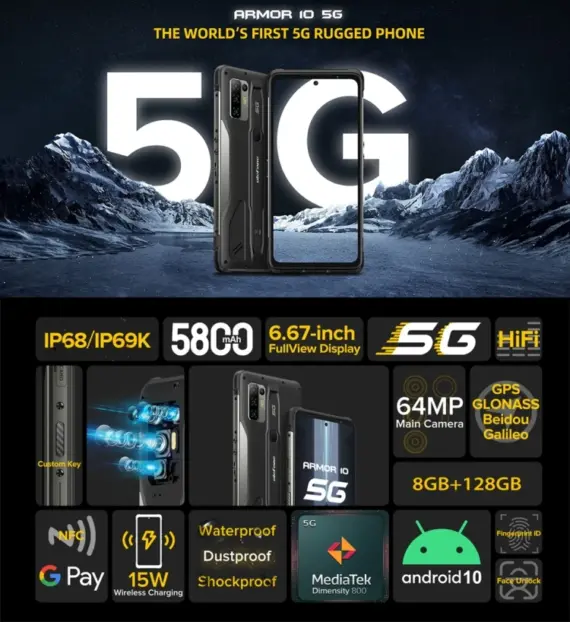 Ulefone Armor 10 5G Rugged Phone 8GB+128GB 6.67 inch Mobile Phones 5G Android 10 Smartphones Waterproof Cellphone